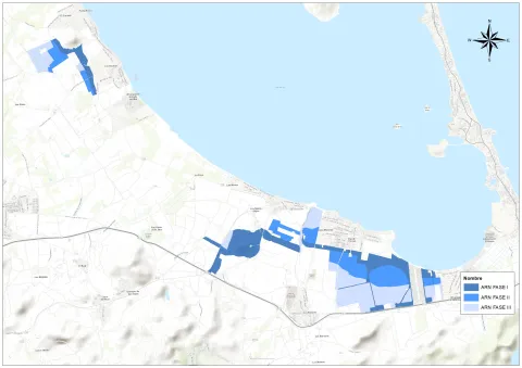 Mapa de la localització de les àrees de renaturalització en color blau